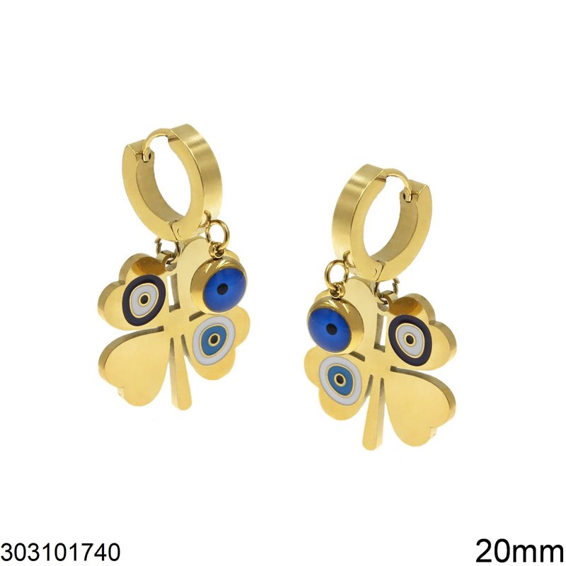 Stainless Steel Hoop Earrings Hanging Leaf Clover with Evil Eye 20mm