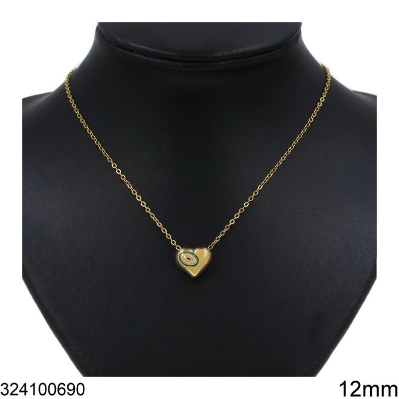 Stainless Steel Link Chain Necklace with Enameled Heart 12mm