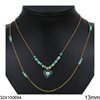 Stainless Steel Link Chain Necklace with Beads & Enameled Evil Eye Heart 13mm