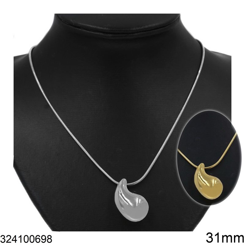 Stainless Steel Round Snake Chain Necklace with Pearshape Pendant 31mm