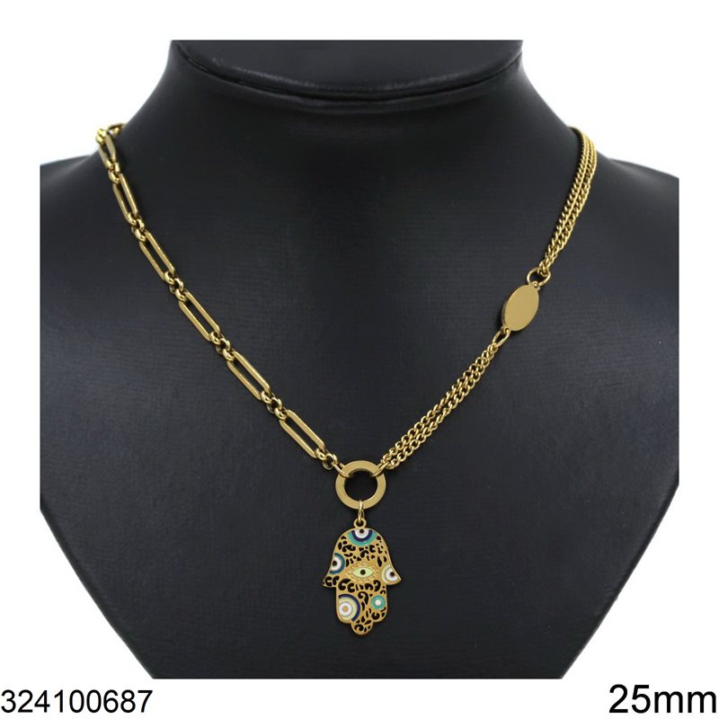 Stainless Steel Double Chain Necklace with Enameled Hamsa 25mm