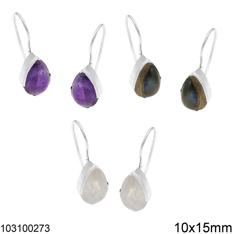 Silver 925 Hook Earrings with Pearshape Semi Precious Stones 10x15mm