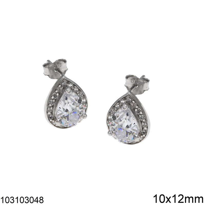 Silver 925 Stud Earrings Pearshape Rosette Zircon 10x12mm