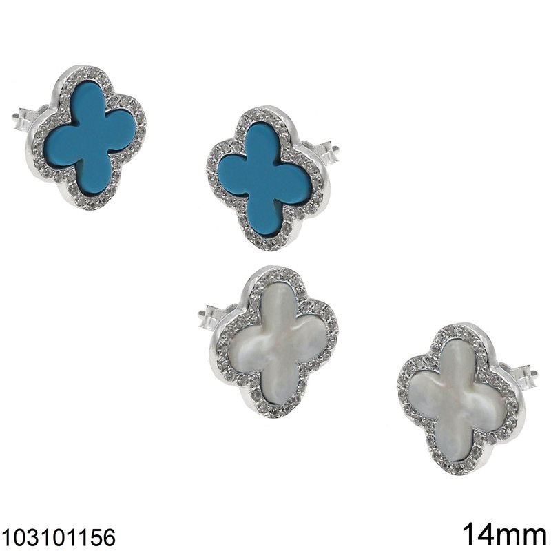 Silver 925 Stud Earrings Cross with Outline Zircon and Semi Precious Stones 14mm