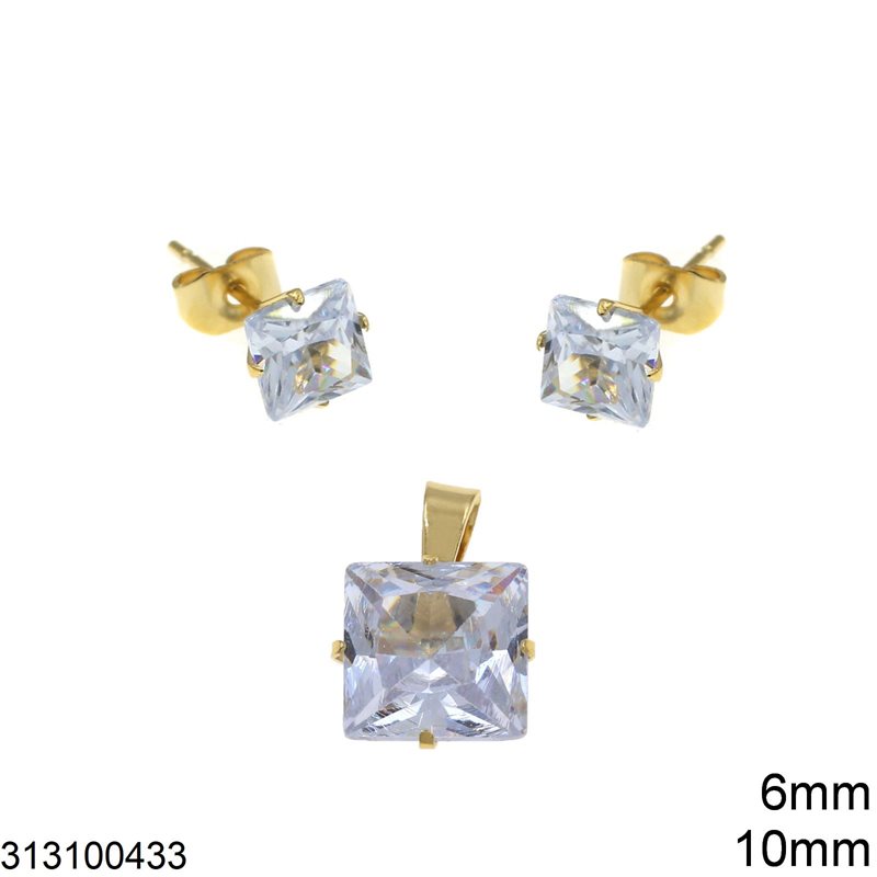 Stainless Steel Set of Pendant 10mm and Stud Earrings 6mm with Square Zircon