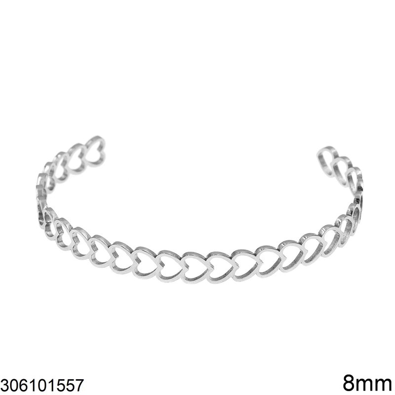 Stainless Steel Bracelet with Outline Hearts Open 8mm