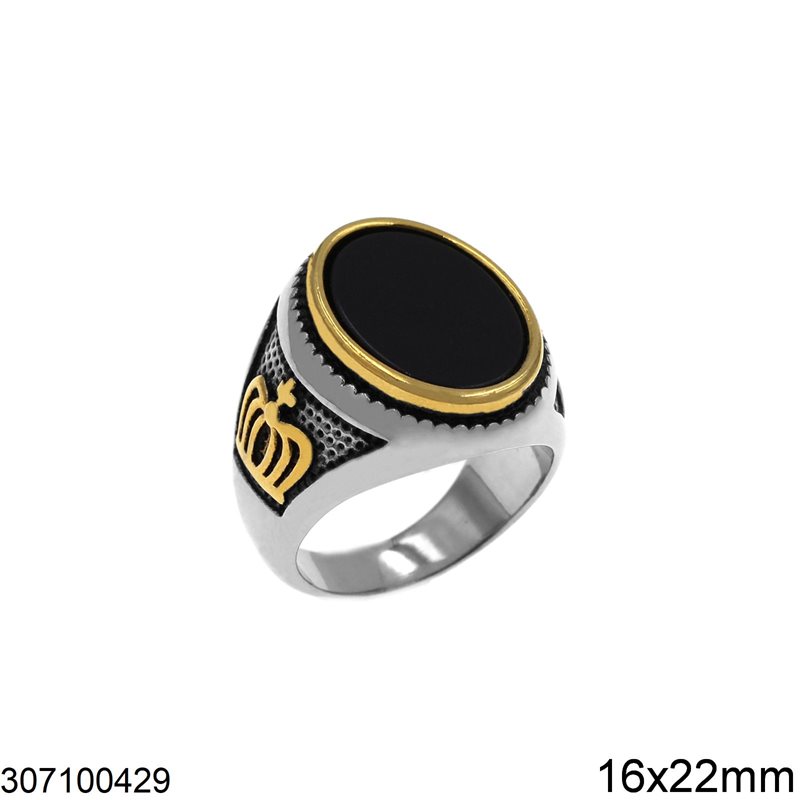 Δαχτυλίδι Ατσάλινο Ανδρικό με Οβάλ Όνυχας και Χρυσή Κορώνα 16x22mm