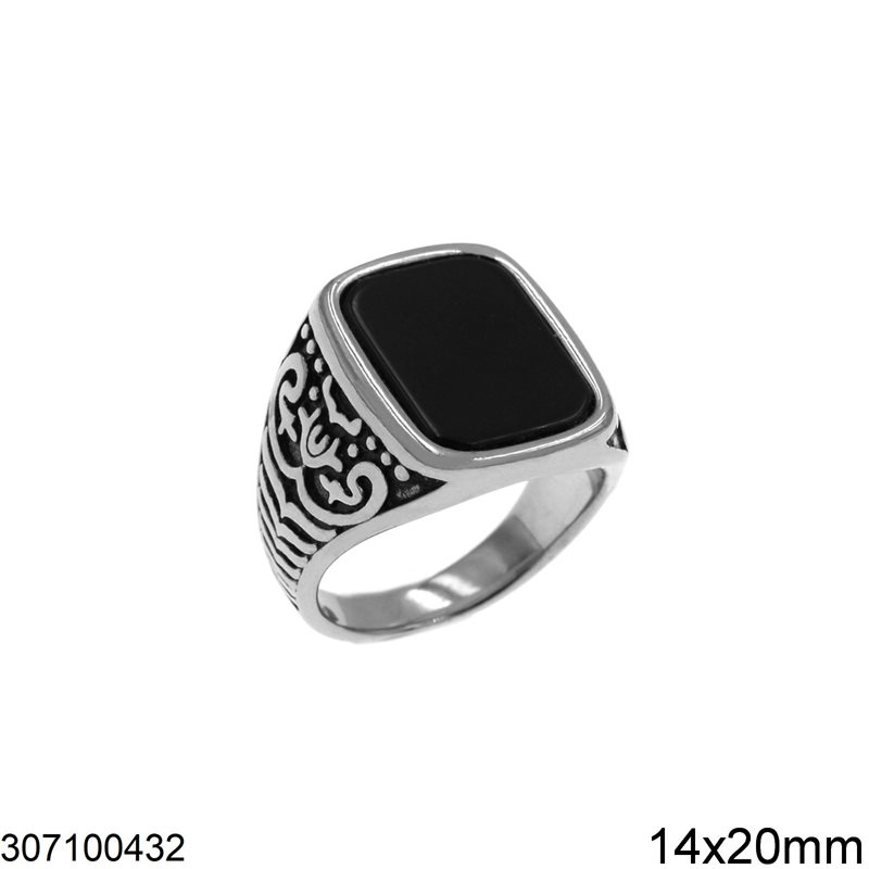 Stainless Steel Male Ring with Rectangular Onyx Stone and Design 14x20mm
