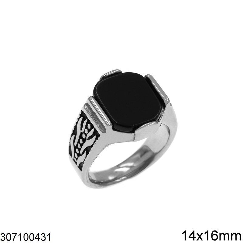 Δαχτυλίδι Ατσάλινο Ανδρικό με Οχτάγωνη Πέτρα Όνυχα και Φύλλα 14x16mm
