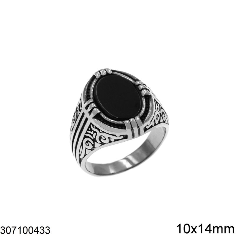 Stainless Steel Male Ring with Oval Onyx Stone and Design 10x14mm