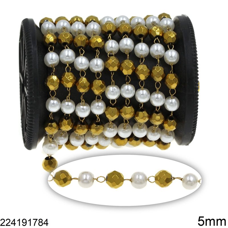 Stainless Steel Link Chain with Faceted Bead : Pearl Bead 5mm