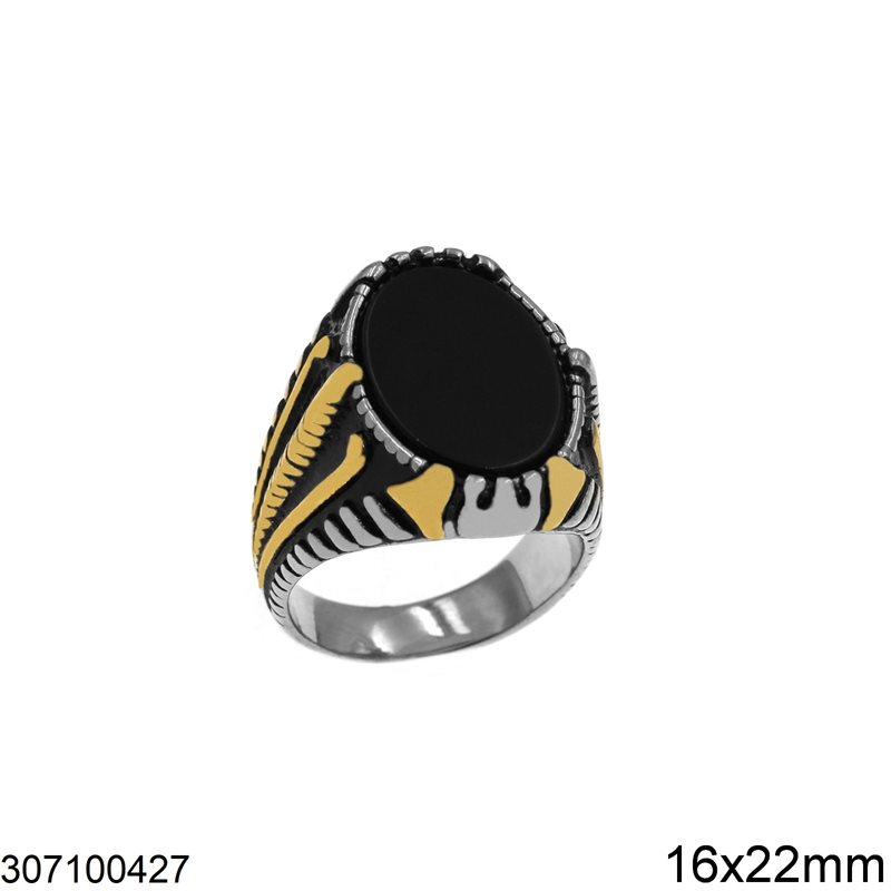 Stainless Steel Male Ring with Oval Onyx and Gold Design 16x22mm