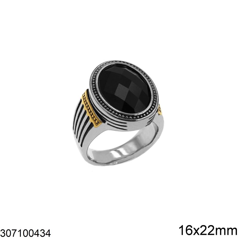 Δαχτυλίδι Ατσάλινο Ανδρικό με Οβάλ Πέτρα Όνυχα και Χρυσές Μπίλιες 16x22mm