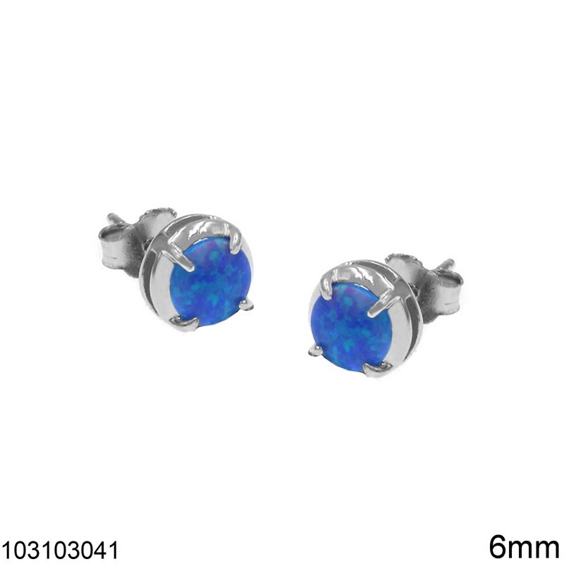 Silver 925 Stud Earrings with Round Opal 6mm, Rhodium Plated