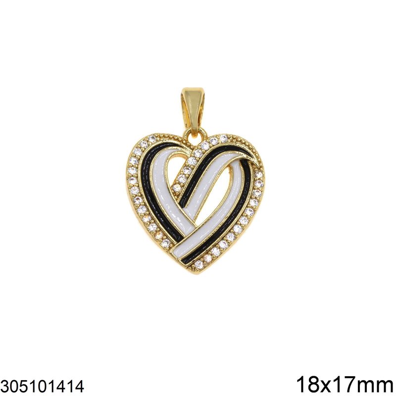 Brass Pendant Heart with Rhinestones and Enamel 18x17mm, Gold plated NF
