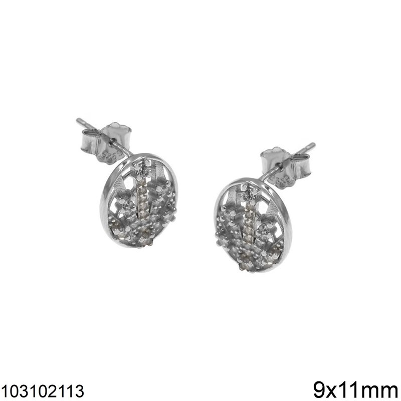 Silver 925 Stud Earrings Oval Plate with Zircon 9x11mm