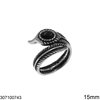Stainless Steel Ring Feather with Oval Black Stone 6x8mm, Oxidised