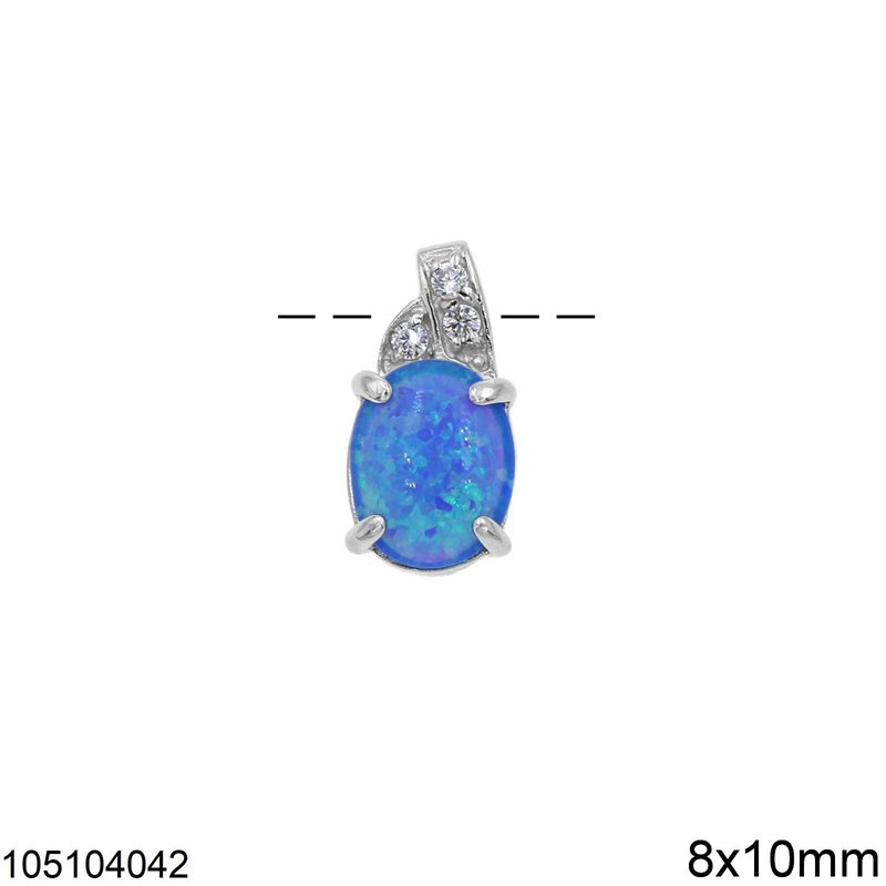 Silver 925 Pendant Oval Opal 8x10mm Leaves with Stones, Rhodium Plated
