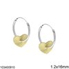 Silver 925 Hoop Earrings 1.2x16mm with Gold Plated Heart Satin Finish 10mm