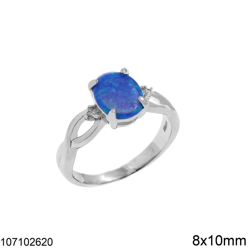 Silver 925 Oval Ring with Opal 8x10mm, Rhodium Plated