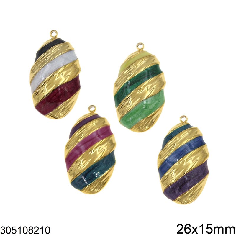Stainless Steel Curved Egg Pendant with Enameled Stripes 26x15mm