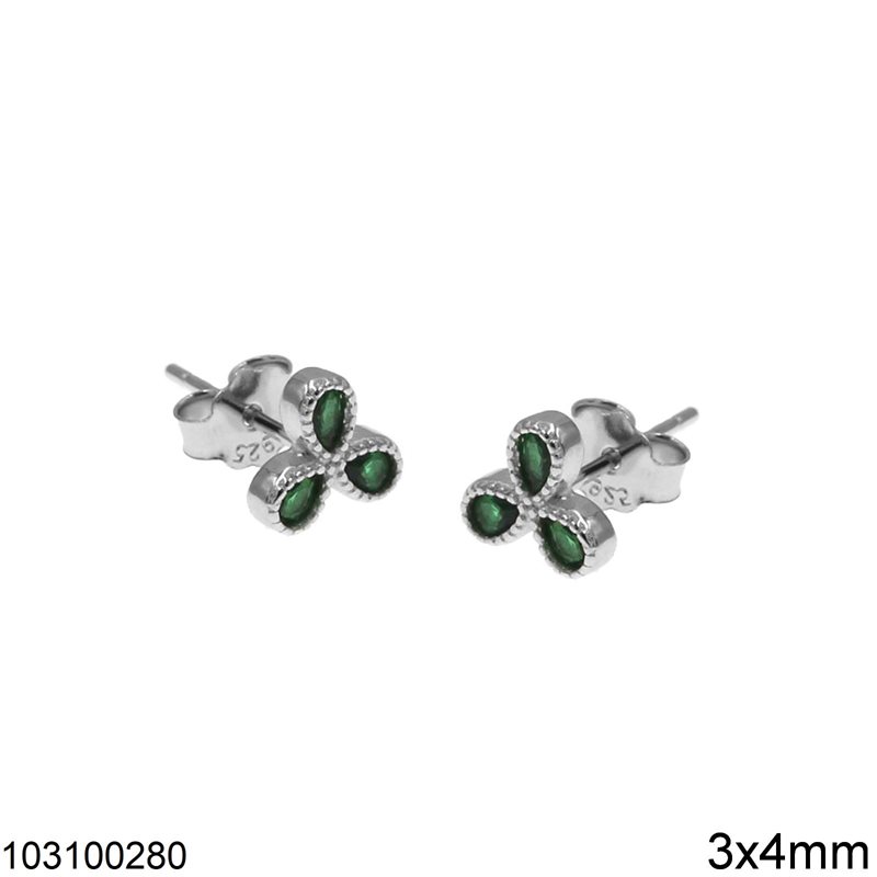 Silver 925 Stud Earrings Pearshape Leaves 3x4mm, Green Rhodium Plated