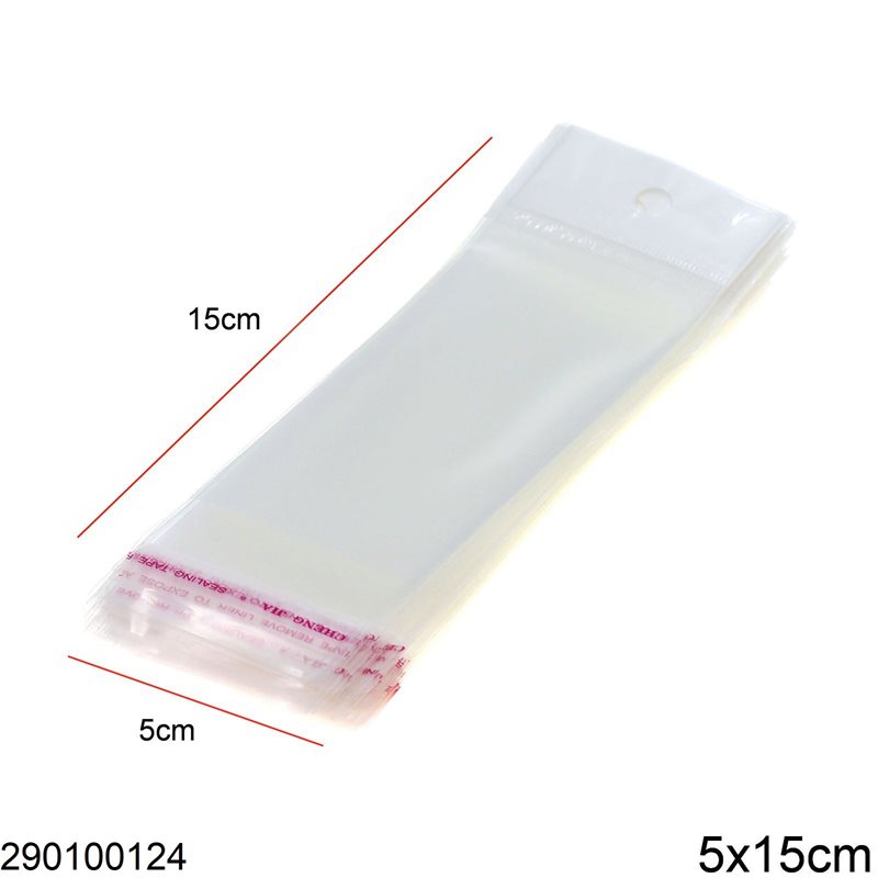 Plastic Transparent Packing Bag with Hang Hole & Sticker 5x15cm, 194pieces/100gr