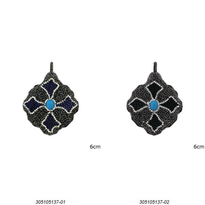 Marcasite Pendant Cross with Turquoise Stone and Leather 6cm