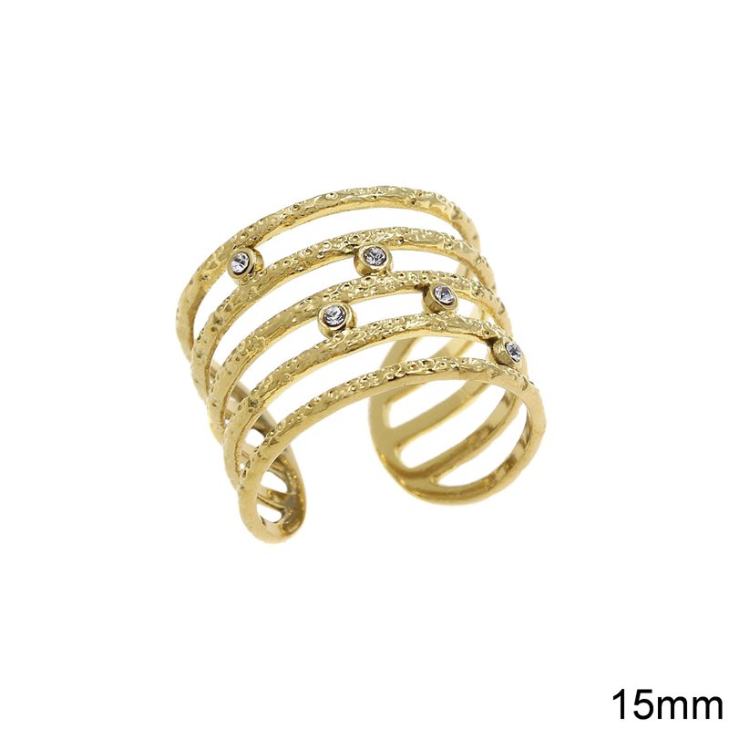 Stainless Steel 6 Lines Ring Open with Stones 15mm