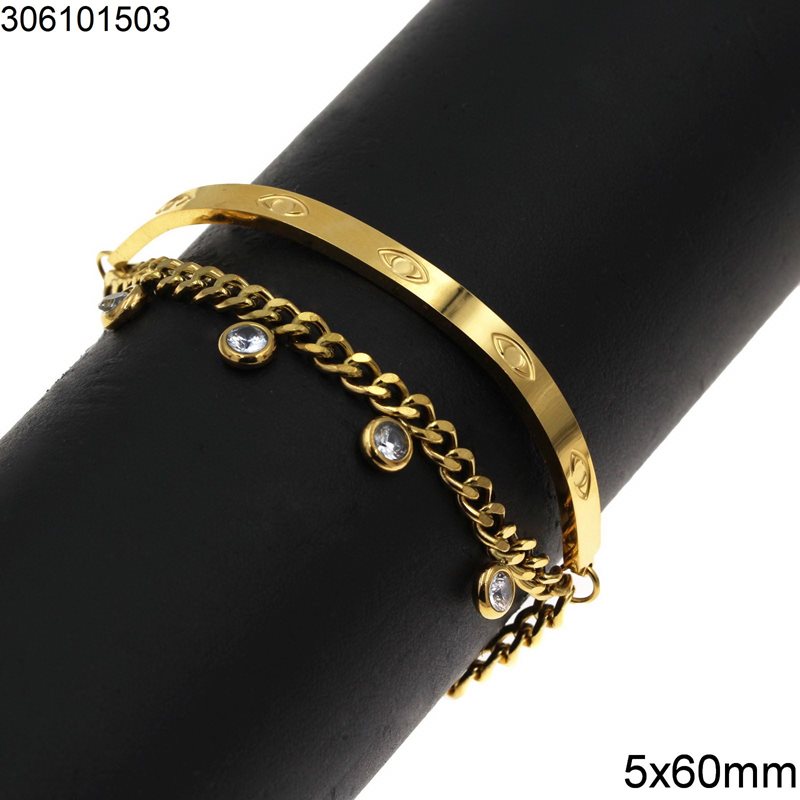 Stainless Steel Bracelet Curved Plate with Evil Eyes 5x60mm and Gourmet Chain with Rhinestone Motif 4mm, Gold