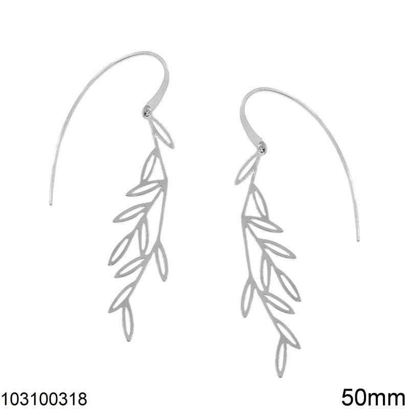 Silver 925 Hook Earrings Hanging Outline Branch with Olive Leaves 50mm