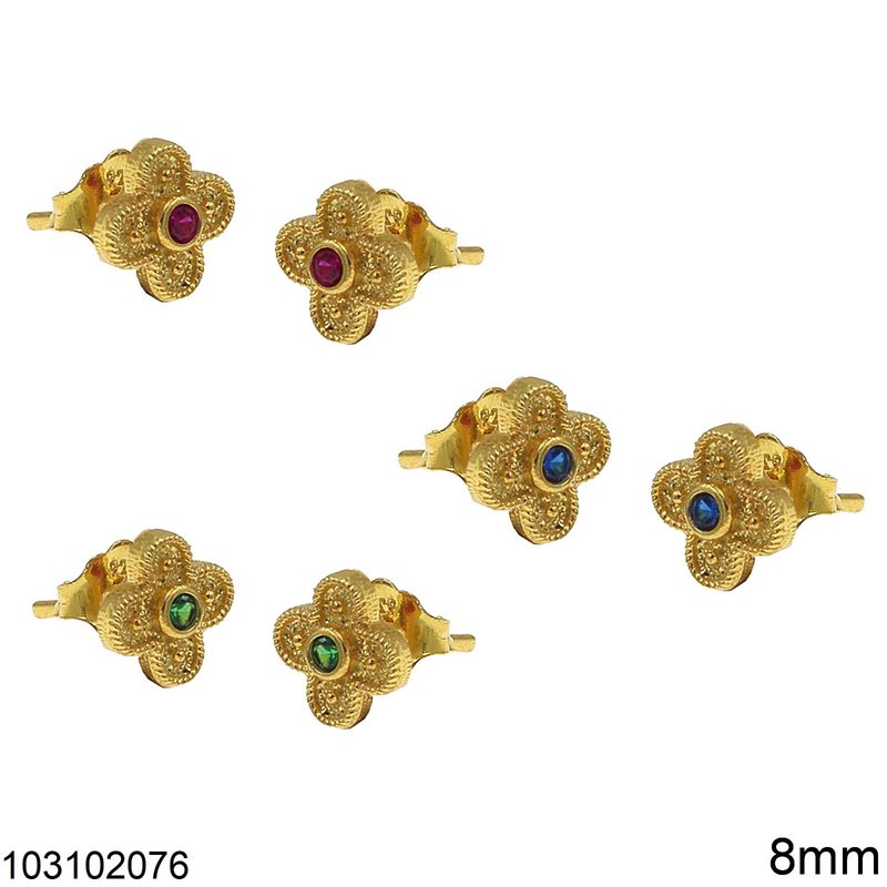 Silver 925 Stud Byzantine Cross Earrings with Zircon 8mm