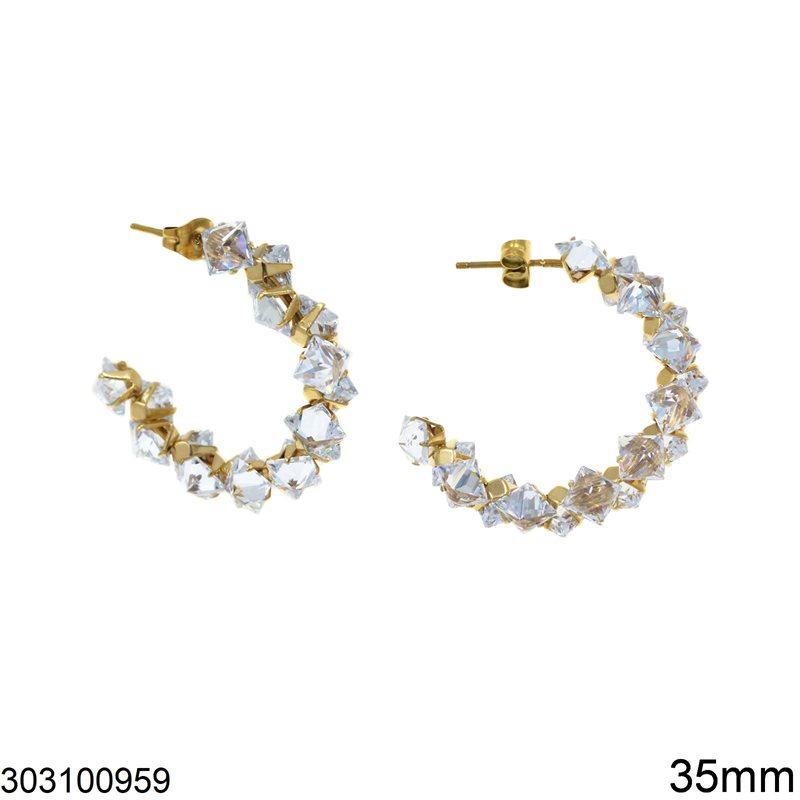Stainless Steel Stud Earrings Hoops with Crystals 35mm