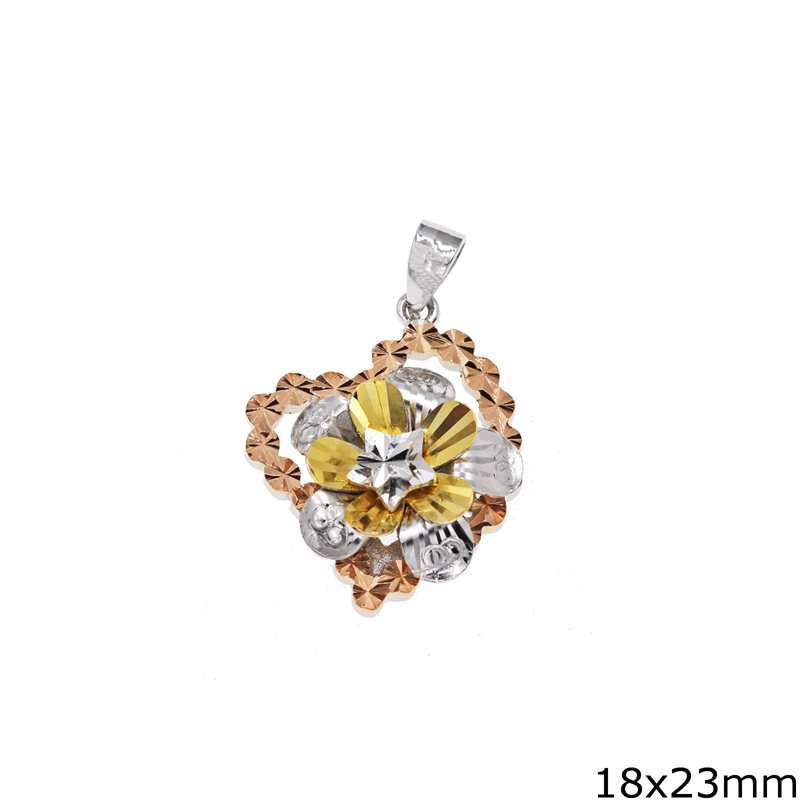 Silver 925 Pendant Diamond Cut Heart with Daisy 18x23mm