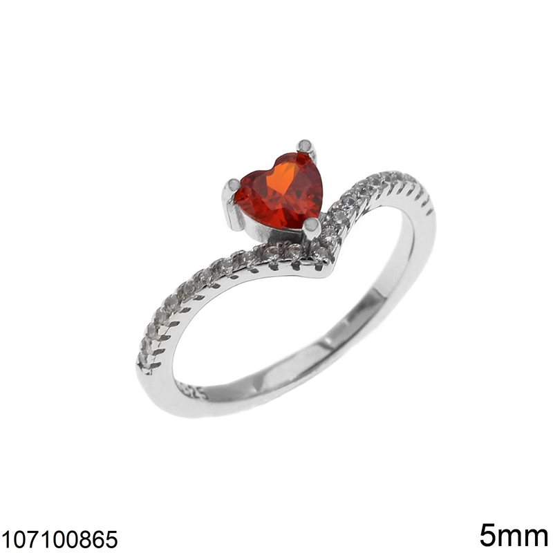 Δαχτυλίδι Ασημένιο 925 "V" με Πέτρες και Καρδιά Κόκκινο Ζιργκόν 5mm