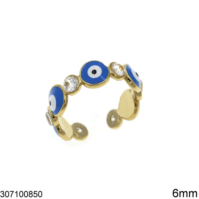 Δαχτυλίδι Ατσάλινο με Μάτια Σμάλτο 6mm Ανοιγόμενο, Χρυσό