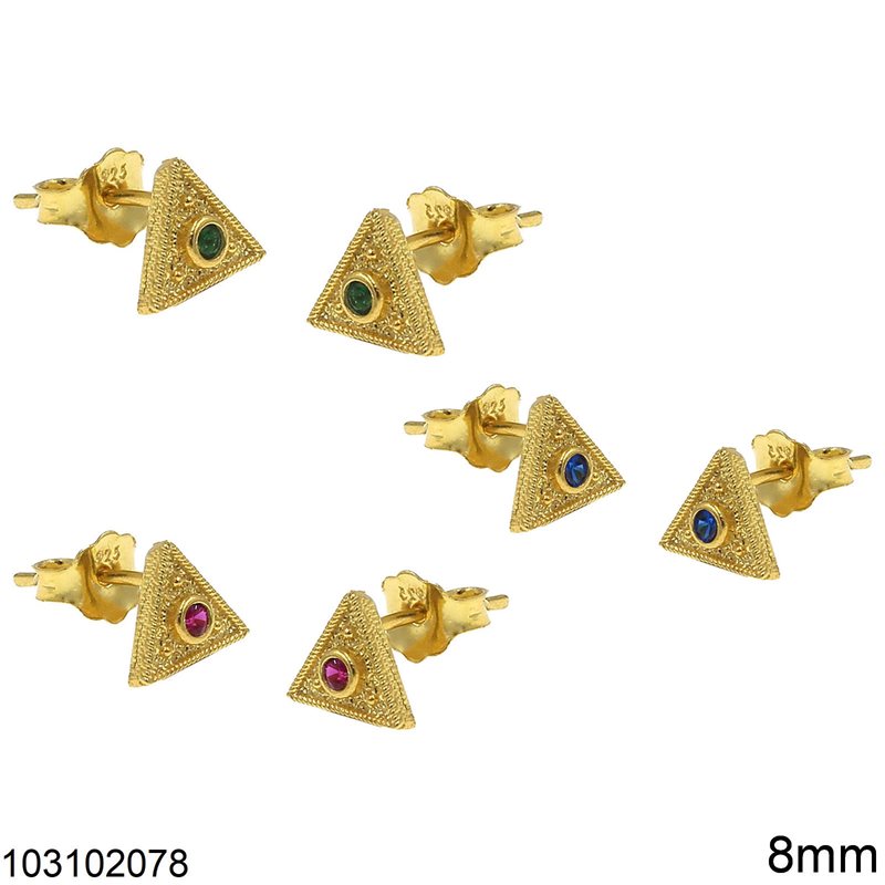 Silver 925 Stud Byzantine Triangle Earrings with Zircon 8mm