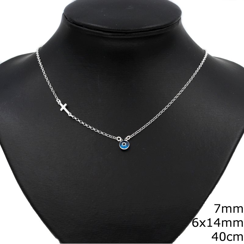 Silver 925 Necklace with Cross 6x14mm and Evil Eye 7mm, 40cm