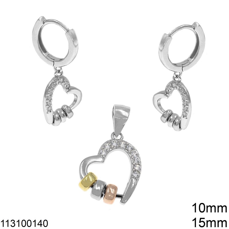 Silver 925 Set of Pendant 15mm & Earrings 10mm Heart with Rodelle 