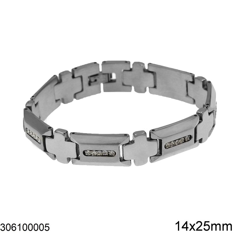 Stainless Steel Bracelet with Crosses & Plate with Stones 14x25mm