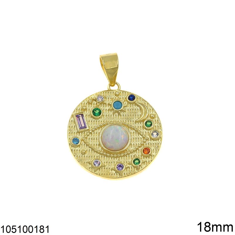 Silver 925 Pendant Evil Eye with Opal and Multicolor Zircon 18mm, Gold Plated