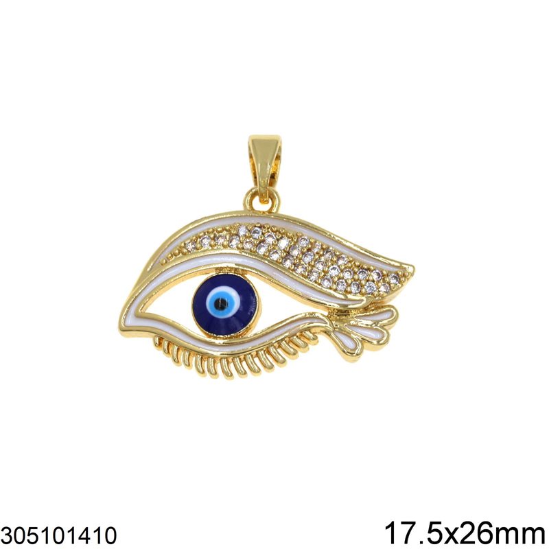 Brass Pendant Evil Eye with Rhinestones and Enamel 17.5x26mm, Gold plated NF