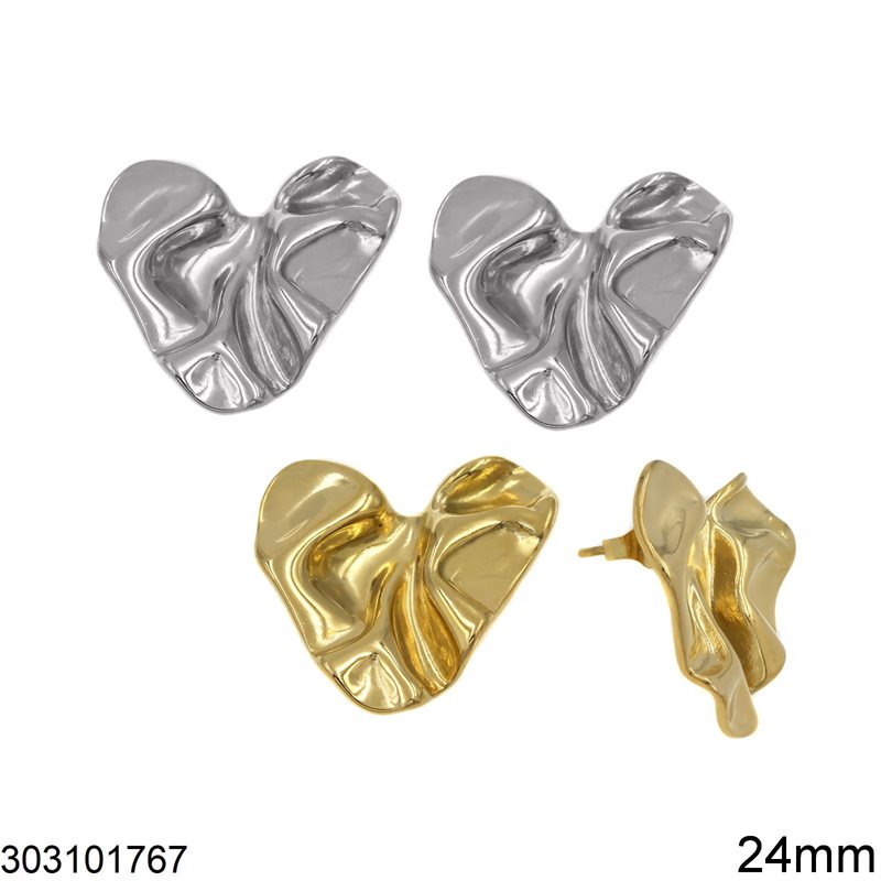 Stainless Steel Stud Earrings Heart Embossed 24mm