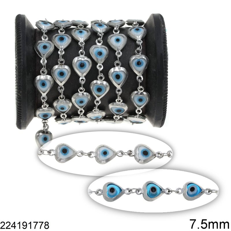 Stainless Steel Evil Eye Heart Link Chain 7.5mm 