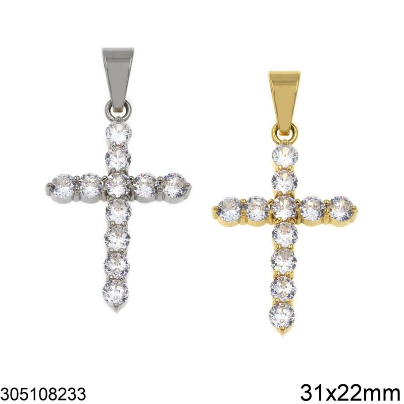 Stainless Steel Pendant Cross with Stones Rounded 31x22mm
