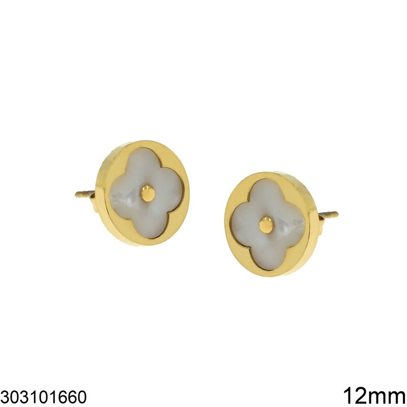 Stainless Steel Stud Earrings Disk with Shell Cross 12mm