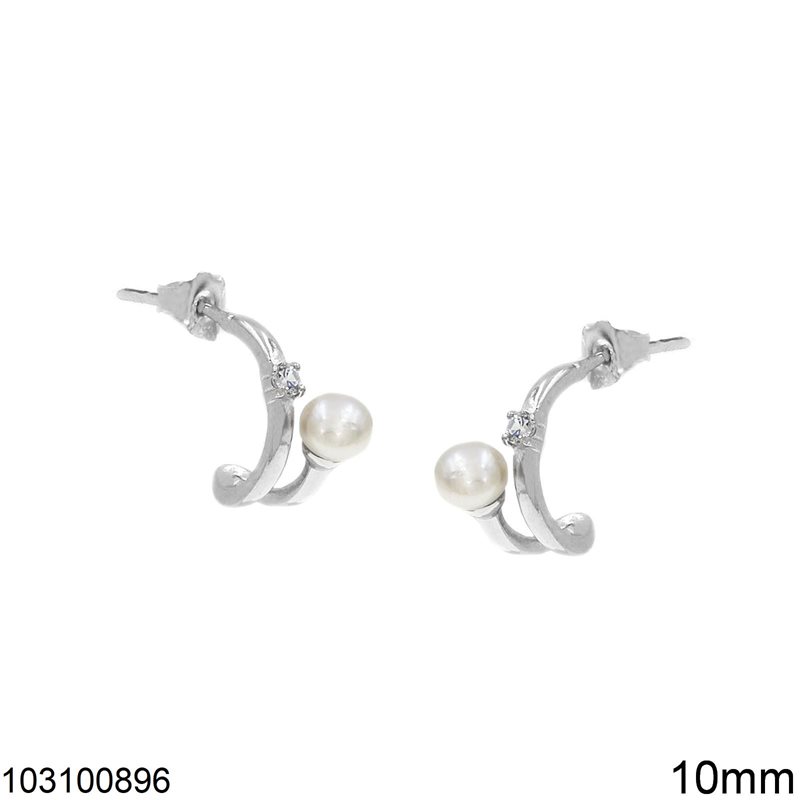 Silver 925 Earrings with Zircon and Freshwater Pearl 10mm, Rhodium Plated