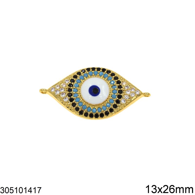 Brass Spacer Evil Eye with Rhinestones and Enamel 13x26mm, Gold plated NF