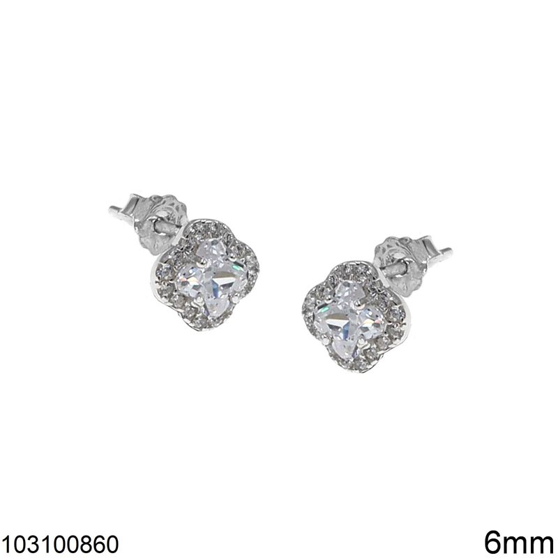 Silver 925 Earrings Rosette with Zircon 6mm, Rhodium Plated
