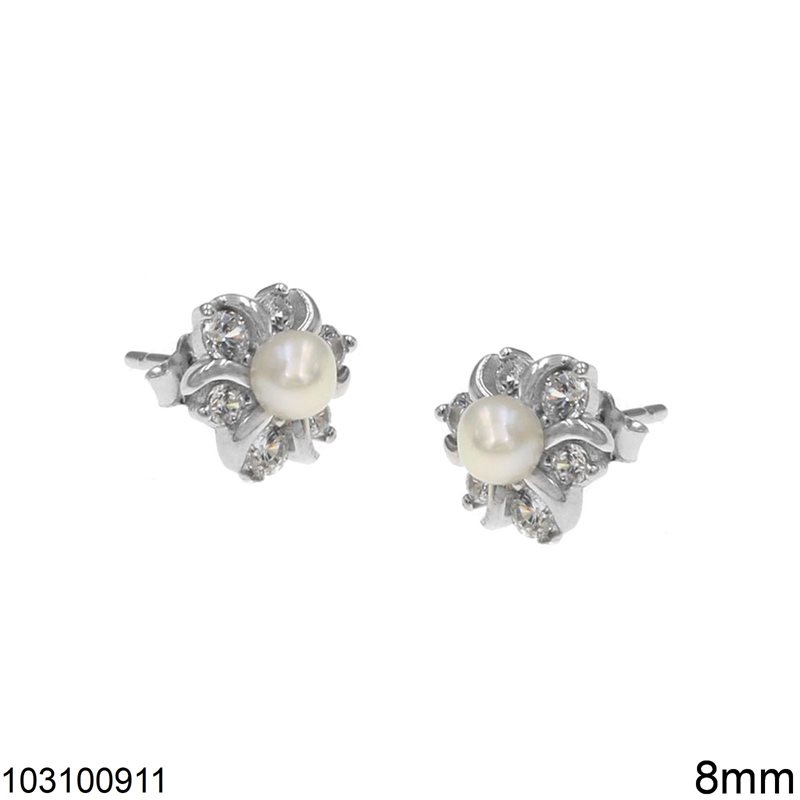 Silver 925 Earrings Rosette with Zircon and Freshwater Pearl 8mm, Rhodium Plated